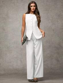 Traje de pantalón sin mangas negro para mujer con detalles de botones dorados con rosas, casual de negocios para otoño/invierno - Blanco - Ver 4