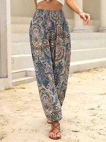 Pantalones jogger con estampado de paisley de cintura fruncido - Multicolor 9 - Ver 7