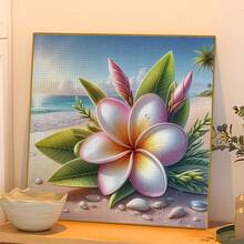 1pc New 5D Round Acrylic Diamond Painting, Beach Hibiscus Themed Mosaic Crafted, Ideal Home Wall Decor. Handmade Artistic, Suitable As Holiday Gift For Girlfriend, Parents, Friends To Convey Heartfelt Wishes And Add Romantic Artistic Ambiance, Frameless - round diamond - View 2