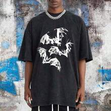 Camiseta Vintage Oversized para Hombre con Estampado de Murciélago, 100% Algodón Lavable, Estilo Streetwear, Lavado Ácido, Corte Holgado, Manga Corta, Estilo Y2K - Unisex para Mujer y Hombre, Ropa Casual para el Campus, Lavable y Bonita. - Negro - Ver 2