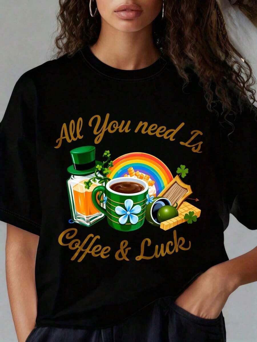 Camiseta de Mujer con Estampado Gráfico, Algodón Ligero, Verano. Camiseta de Manga Corta con Cuello Redondo para Mujer, con Estampado Divertido de San Valentín. Todo lo que necesitas es café y suerte. Camiseta del Día de San Patricio con Diseño de Arcoíris y Trébol para Mujer y Hombre. Adecuada para actividades deportivas, festivales, salidas, deportes y otros regalos navideños (220g).Oversize Camiseta Mujer Estampado 100% Algodón Puro - Negro - Ver 1