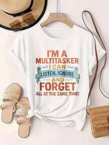 Women's Casual Short-Sleeve T-Shirt - "I'm A Multitasker, I Can Listen, Ignore, And Forget Everything At The Same Time," Crew Neck, Summer Top, Machine Washable, Ladies' T-Shirts, Casual Wear, Modern Style, Comfortable Fit

-White - 白色 - 查看 2