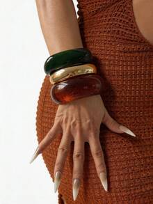 3pcs Set European And American Exaggerated Geometric Bangles, Dark Green And Amber Color Combination, Luxury Minimalist Elegant Open Cuff Bracelets, Versatile Unique Stackable Jewelry For Women - Multicolor - View 1