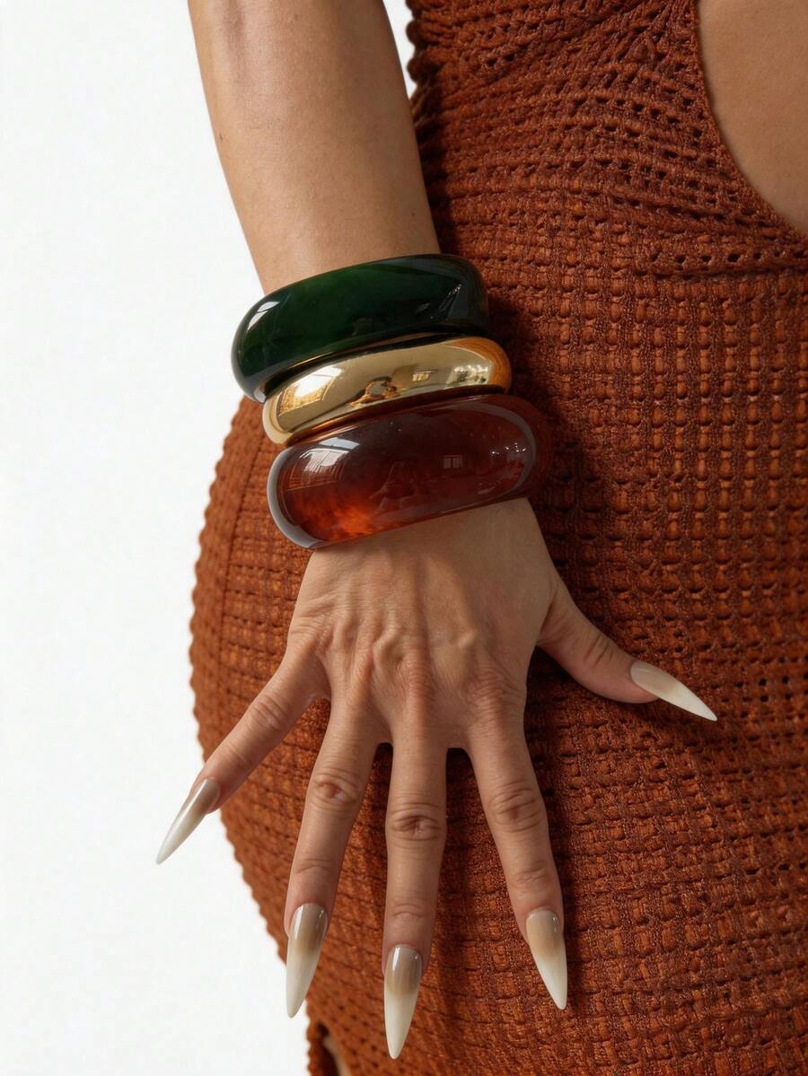 3pcs Set European And American Exaggerated Geometric Bangles, Dark Green And Amber Color Combination, Luxury Minimalist Elegant Open Cuff Bracelets, Versatile Unique Stackable Jewelry For Women - Multicolor - View 1