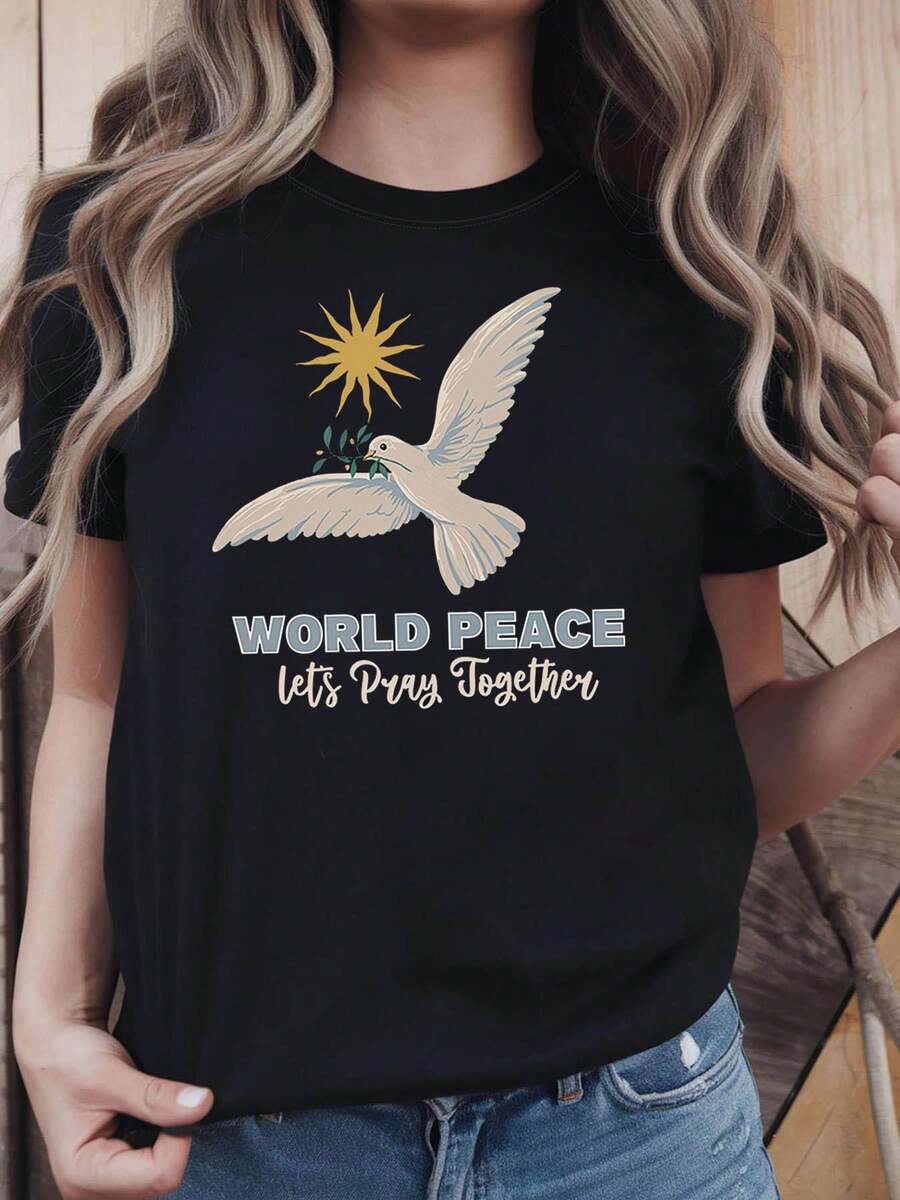 Women's T-Shirt With World Peace Dove And Olive Branch Print From WORLD PEA Let's Pray Together, Everyday Wear T-Shirt For Charity Events, Warm And Comforting Style, Faith-Inspired Short Sleeve T-Shirt - Unisex Vintage Urban Style Cotton Short Sleeve Crew Neck T-Shirt. - 黑色 - 查看 1