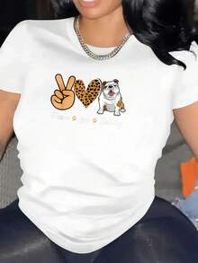 Camiseta Casual de Algodón para Mujer Peace Love Bulldog con Estampado de Leopardo, Corazón y Perro, Ropa para Amantes de los Perros, Camiseta Gráfica Moderna para Uso Diario - Blanco - Ver 7