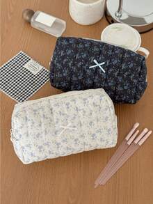 Black Floral Pattern Minimalist Cosmetic Bag, Portable Cute Makeup Pouch For Students And General Use - Multicolor - View 4