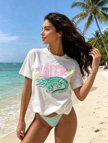 Esta camiseta casual de manga corta y cuello redondo presenta un popular estampado de cocodrilo, un tatuaje de cocodrilo y un eslogan, lo que la hace perfecta para la primavera y el verano. Camiseta de mujer - Ropa fresca de verano - Blanco - Ver 4