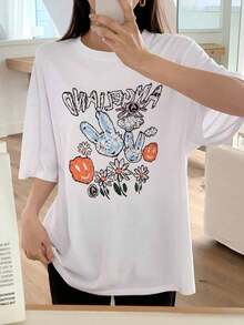 Women's Cartoon Graphic Print Short Sleeve T-Shirt, Plus Size Summer T-Shirt, Vintage Teacher Style, Unisex Street Style, Loose Fit Cotton Short Sleeve Round Neck T-Shirt, Women's Blouses, Women's T-Shirts, Casual Blouses For Ladies. - 白色 - 查看 4