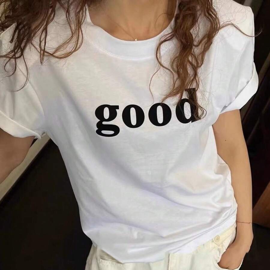 Camiseta de manga corta para mujer, estilo coreano de verano a la moda con estampado de letras, corte holgado, versátil, estilizante, adecuada para parejas. - Camisa blanca de manga corta de buena calidad - Ver 1