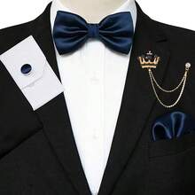 Conjunto de corbata de moño anudada de unicolor, pañuelo de bolsillo, gemelos y broche de solapa para hombres (Corbata de moño + Pañuelo de bolsillo + Gemelos + Broche de cadena colgante) - Multicolor - Ver 4