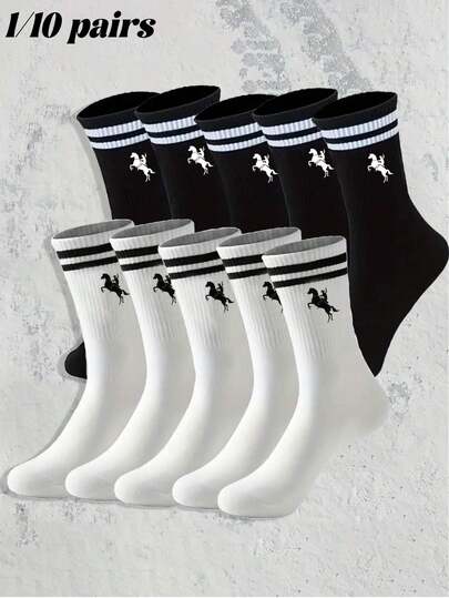 1/10 Pairs Unisex Striped Crew Socks With Horse Pattern, Soft & Comfortable, Casual & Versatile For Daily Wear Or Outdoor Activities, Suitable For All Seasons