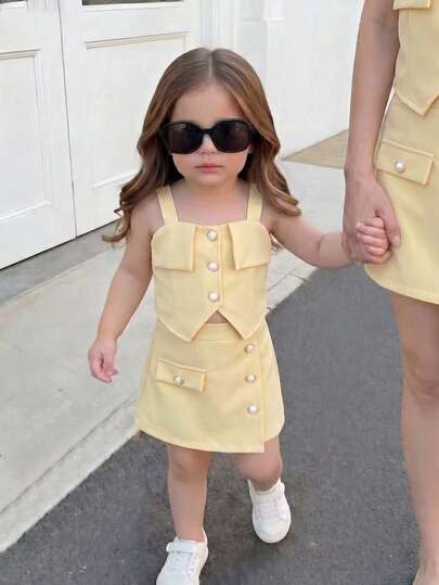 2pcs Baby Girls' Summer Fashion Crystal Decorated Irregular Strap Top + Irregular Solid Color Skort Set, Cooling Outfit Suitable For Outdoor Wear