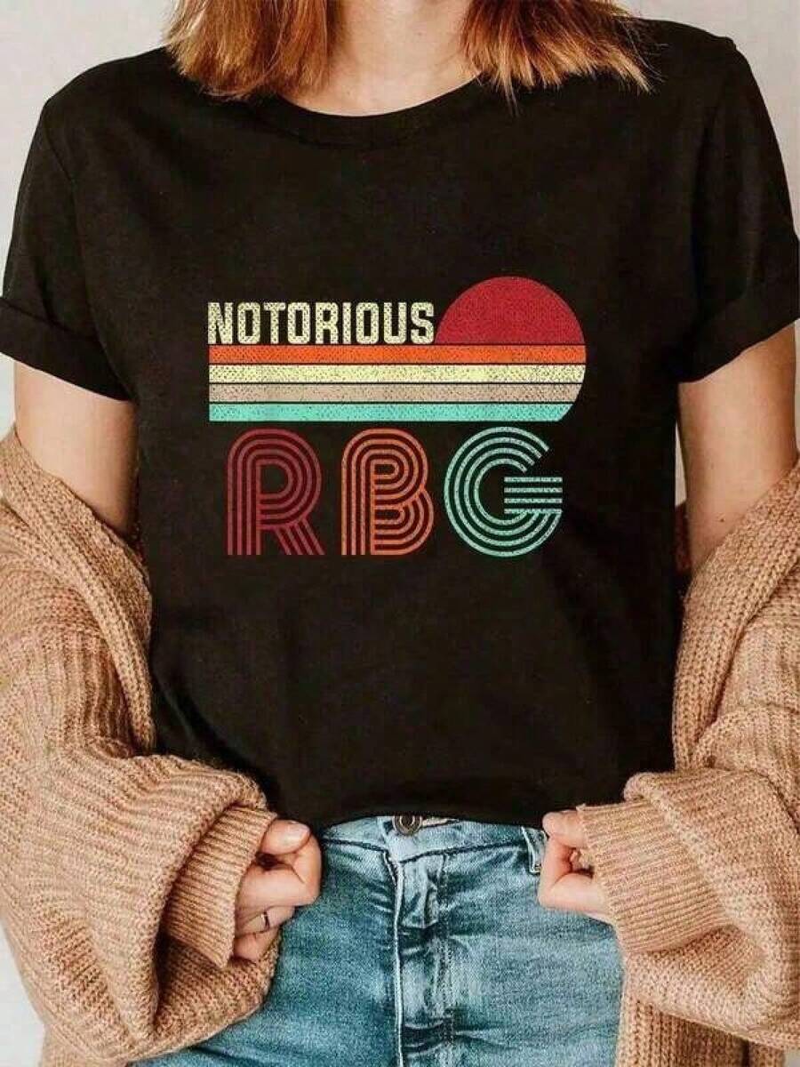Vintage RBG T-Shirt, 100% Cotton, For Women, Summer T-Shirt For Men And Women, Comfortable And Soft, With Round Neck, Children's Clothing - 黑色 - 查看 1