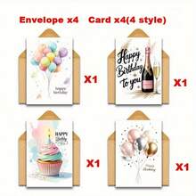 Set Kartu Ulang Tahun Cat Air 12pcs/8pcs (6 Kartu + 6 Amplop / 4 Kartu + 4 Amplop), Desain Balon, Kartu Pesan Kosong, Cocok Untuk Ulang Tahun, Ucapan Terima Kasih, Selamat dan Hadiah Liburan - A - View 14