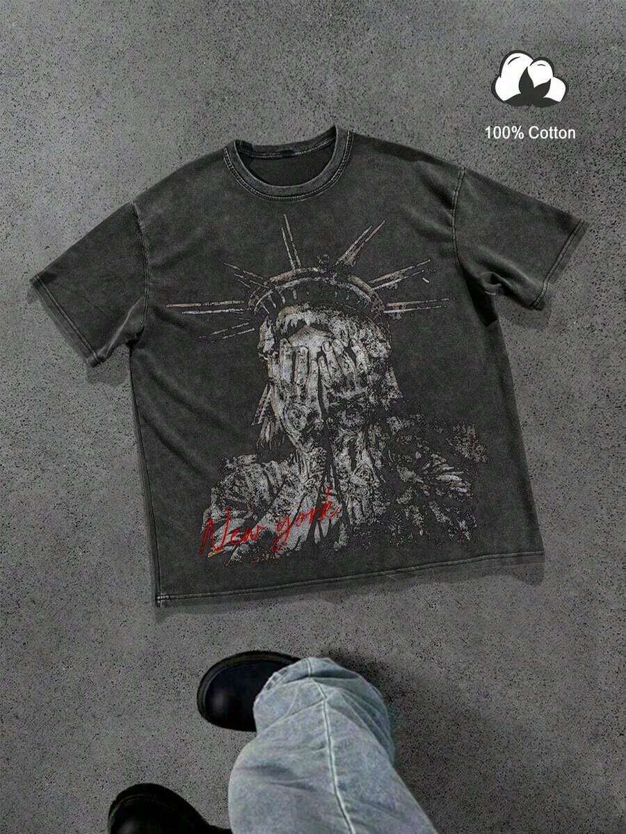 Camiseta de hombre con estampado gráfico de lema de Nueva York y Estatua de la Libertad, estilo callejero americano de algodón de cuello redondo de manga corta - Negro 4 - Ver 1
