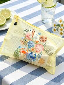 Multi Color Waterproof Fashionable Mesh Beach Bag, Colorful "Marine Creatures And Shells" Printed Makeup Bag, Beach Theme. Large Capacity Transparent Makeup Bag - Multicolor - View 5