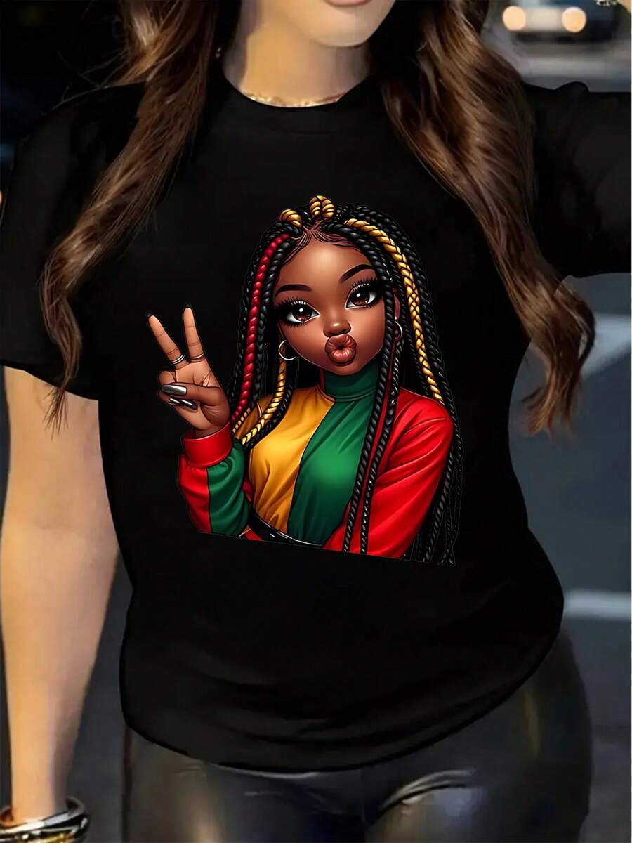 Women's Casual Short Sleeve T-Shirt With Vibrant Portrait Print - Crew Neck, Loose Fit, Machine Washable, Spring, Summer & Autumn Top, Gift For Sister Or Wife, Women's T-Shirts, Seasonal Fashion, Bold & Colorful Design, Durable Fabric, Y2k T-Shirt - 黑色 - 查看 1