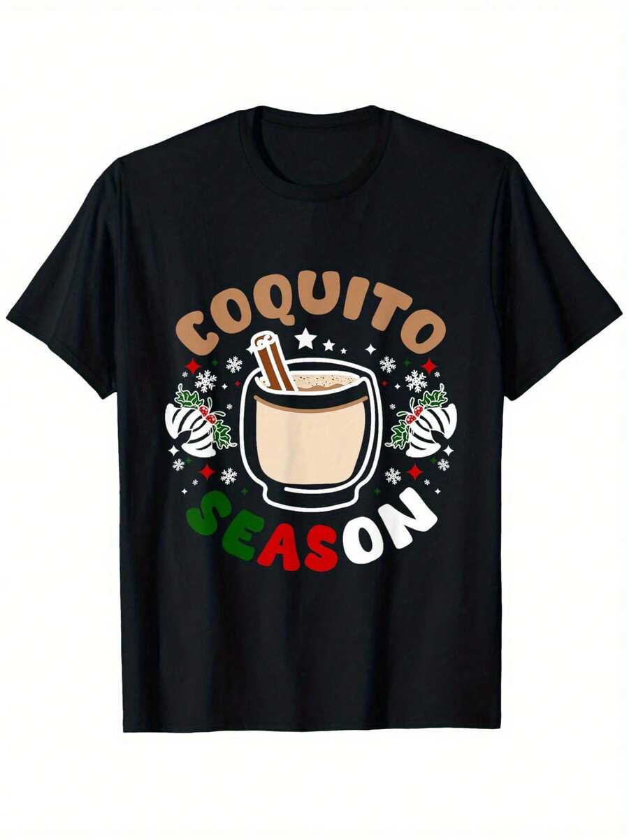 Camiseta de Puerto Rico para Navidad, Camiseta de la Temporada del Coquito, Camiseta de Algodón Casual de Cuello Redondo para Hombre y Mujer, para las Cuatro Estaciones, Modelo Normal, de Manga Corta, Ligeramente Elástica, 100% Algodón, Tallas S-XXXL, Ropa Infantil - Negro - Ver 1