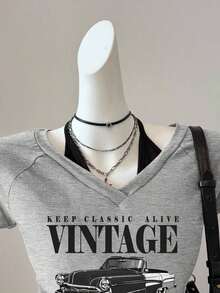 Camiseta de mujer casual de cuello en V retro, con atar, de manga corta y contraste de color, adecuada para el verano - Gris Claro 4 - Ver 4