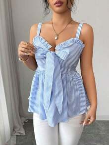 Top sin mangas casual para mujer, diseño de moda con tirantes de lazo, nudo de moño, a rayas azul y blanco, cintura ceñida, sexy y favorecedor, versátil para uso diario y citas, verano - Azul y blanco - Ver 7