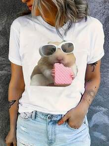 Women's Casual Crew Neck T-Shirt With Hamster Eating Cookie Print, 95% Polyester 5% Spandex, Knit Fabric, Medium Elasticity, Fashionable Top For All Seasons, Y2k Style - 白色 - 查看 10