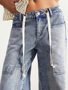 BohoFeels Pantalones vaqueros de tiro bajo, estilo boho, de invierno/primavera, para mujer, con estampado de rayas, parches de mezclilla lavada y pierna recta holgada, en estilo occidental y campestre, adecuados para conciertos, fiestas, vacaciones en la playa, uso diario, vuelta al colegio, salidas y fiestas, Año Nuevo - Multicolor - Ver 2