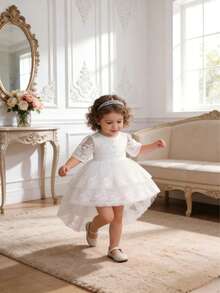 Toddler Girls' Cute Lace Short Sleeve Princess Dress, Tulle Puff Skirt Romper, Birthday Party Holiday Gift Formal Dress - White - View 3