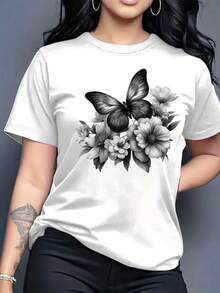 Women's Casual Short-Sleeved Round Neck T-Shirt With Bright Floral And Butterfly Print, Made Of Lightweight And Soft Fabric, Suitable For Outdoor And Indoor Use, Gift, Gift For Women, Birthday Gift, Gift For Friends, Gift For Sisters, Holiday Gift, Pure Cotton Printed T-Shirt For Women. - 白色 - 查看 7