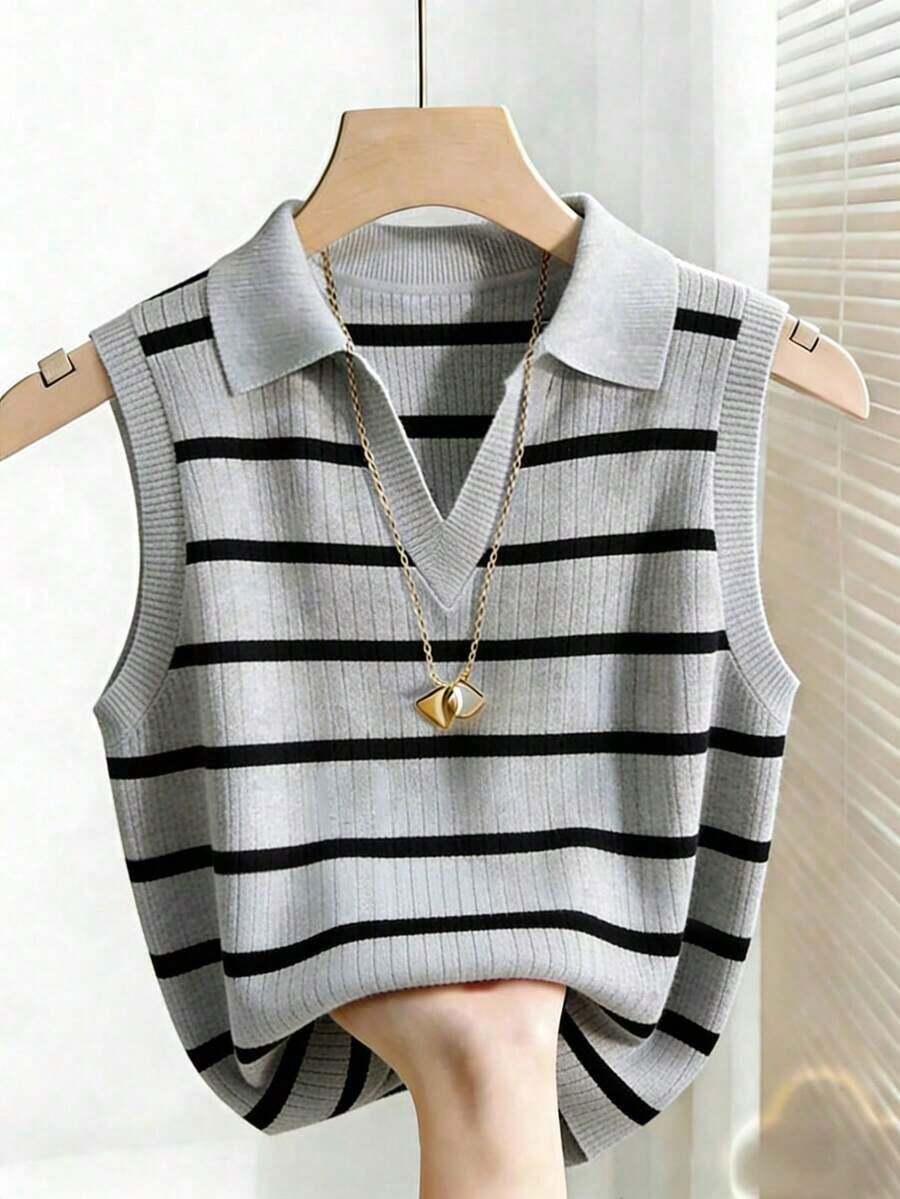 Camiseta de tirantes de punto con cuello y rayas elegante y casual para mujer - Gris - Ver 1