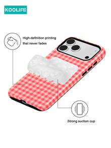 Koolife 两件套：1 个粉白格纹二合一手机壳 + 1 个透明双面吸盘，PC+TPU 材质，亮面硬壳，防震保护套，兼容 Apple 17/17pro/17promax/17Air/16/15/14/13/12/11/7/8/7plus/8plus/XR/X/XS/XS Max - 粉紅白格紋 - 查看 3
