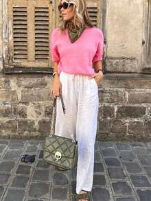 Women's Loose Fit Round Neck Drop Shoulder Short Sleeve Casual Knit Top In Pink Tones, Suitable For Home, Leisure, Vacation, Valentine's Day, Daily Wear, Beach Holiday Summer - Pink - View 1