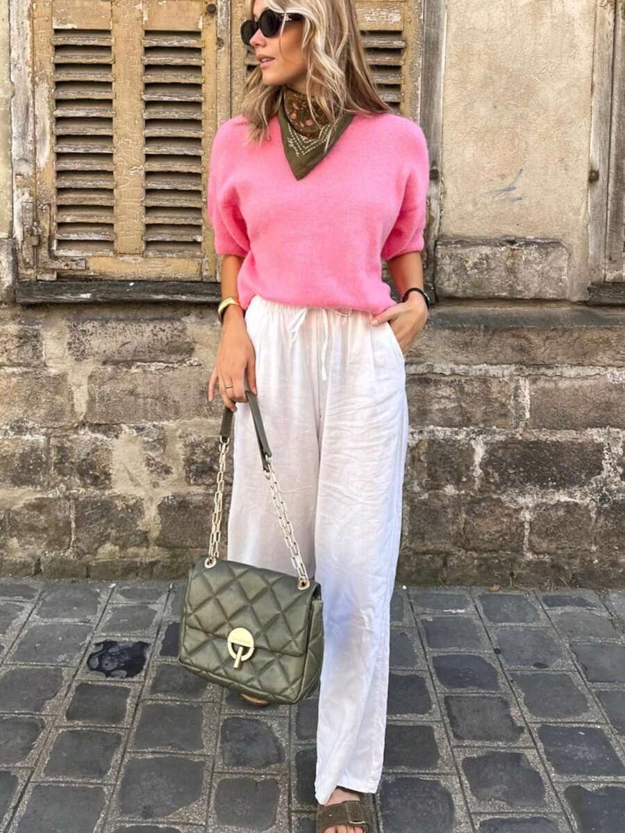 Women's Loose Fit Round Neck Drop Shoulder Short Sleeve Casual Knit Top In Pink Tones, Suitable For Home, Leisure, Vacation, Valentine's Day, Daily Wear, Beach Holiday Summer - Pink - View 1
