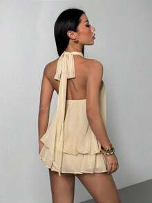 Vestido mini elegante de mujer con escote halter y lazo en color beige - Beis - Ver 2