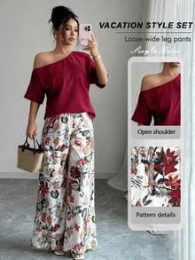 Set de 2 piezas con top de hombro asimétrico de unicolor casual de verano y pantalones con estampado floral para mujer - Burdeos - Ver 1