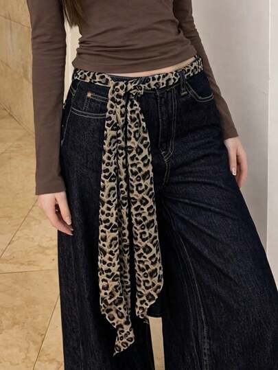 1 pieza Pañuelo/Cinturón de seda con estampado de leopardo sexy Y2K, pañuelo versátil para el cuello para mujeres, accesorio de estilo callejero para el otoño