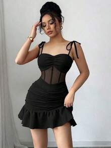 Nuevo vestido mini elegante y sexy con tirantes finos, de punto y malla, apropiado para citas y fiestas - Negro - Ver 5