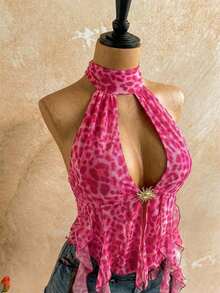 Blusa de mujer con encaje bordado, escote halter, espalda descubierta, tirantes con lazo, bajo fluido y elegante, adecuada para la playa, cruceros y resorts - Rosa Fucsia - Ver 3