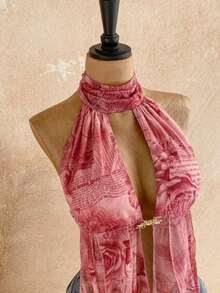 Blusa de mujer con encaje bordado, escote halter, espalda descubierta, tirantes con lazo, bajo fluido y elegante, adecuada para la playa, cruceros y resorts - Rosa - Ver 5
