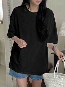 Camiseta casual de mujer de cuello redondo suelto, hombros caídos y manga corta con estampado de estrella, camiseta holgada de verano Y2K, parte superior tipo preppy - Negro - Ver 3