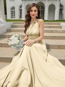 Volly Toych Gaun Bridesmaid Formal Elegan Berlipit Chiffon Warna Champagne, Cocok untuk Tamu Pernikahan di Musim Semi - Sampanye - View 4