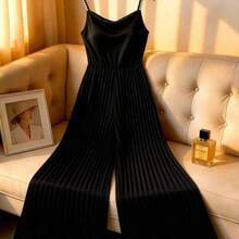CURVE Plus Size Women's Fashionable Solid Color Pleated Jumpsuit - Negro - Ver 1