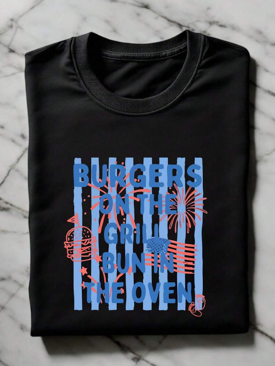 4th Of July Pregnancy T-Shirt, Burgers On The Grill Bun In Oven Shirt, Patriotic Baby Reveal Tee, Independence Day Maternity Gift, Patriotic Mom Shirts TF3408 - 黑色 - 查看 1