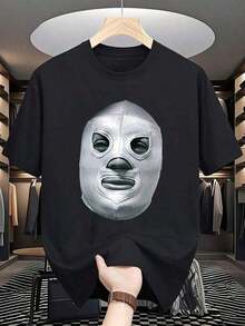 Tienda Local, Camisas para Hombre, Ropa de Hombre, Camisas para Hombre, Camisa para Hombre, Camiseta de Luchador de 180G con Máscara en Blanco y Negro, Estampado de Patrón de Lucha, Impresión de Alta Calidad, Cuello Redondo, Corte Holgado Básico, para Hombre y Mujer, Transpirable, Versátil, Lavable a Máquina, Cómoda, Talla S ~ 3XL, Diario, Casual, Deportivo, Esencial para el Verano. - Negro - Ver 1