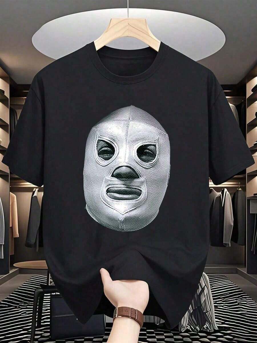 Tienda Local, Camisas para Hombre, Ropa de Hombre, Camisas para Hombre, Camisa para Hombre, Camiseta de Luchador de 180G con Máscara en Blanco y Negro, Estampado de Patrón de Lucha, Impresión de Alta Calidad, Cuello Redondo, Corte Holgado Básico, para Hombre y Mujer, Transpirable, Versátil, Lavable a Máquina, Cómoda, Talla S ~ 3XL, Diario, Casual, Deportivo, Esencial para el Verano. - Negro - Ver 1