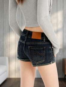 YEAE | Low-Waist Camouflage Denim Shorts - Elastic & Comfortable Fashion Design, Suitable For Summer Wear Casual - Dark Wash - View 3