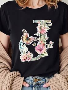 A Women's Outfit For Spring And Summer, Consisting Of A T-Shirt With The Letter J, Decorated With Floral And Butterfly Patterns. It Has A Round Neck And Short Sleeves. - Black - View 12
