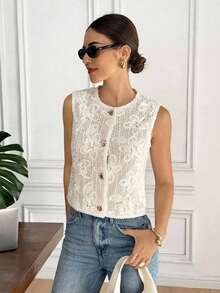 Chaqueta de chaleco elegante de un solo aliento con estampado floral jacquard para mujer - Beis - Ver 7