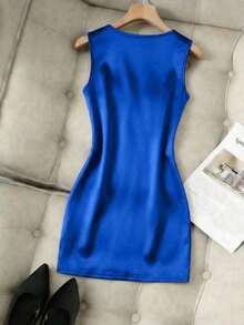 Vestido ajustado con cuello en V sin mangas, cintura fruncida e irregular, vestido de satén para mujer, vestido de primavera/verano para mujer, vestido elegante de fiesta para mujer, atuendo de vacaciones para mujer, atuendo del Día de San - azul real - Ver 2