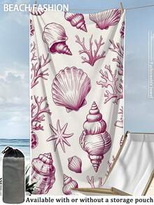 夏季速干吸水超细纤维沙滩巾 | 70*140cm/90*180cm 可选 | 插画风格 白底红贝壳图案印花 | 便携式游泳/浴巾，可选配收纳袋，适用于沙滩、浴室、露营、健身、旅行 - 白色 - 查看 10